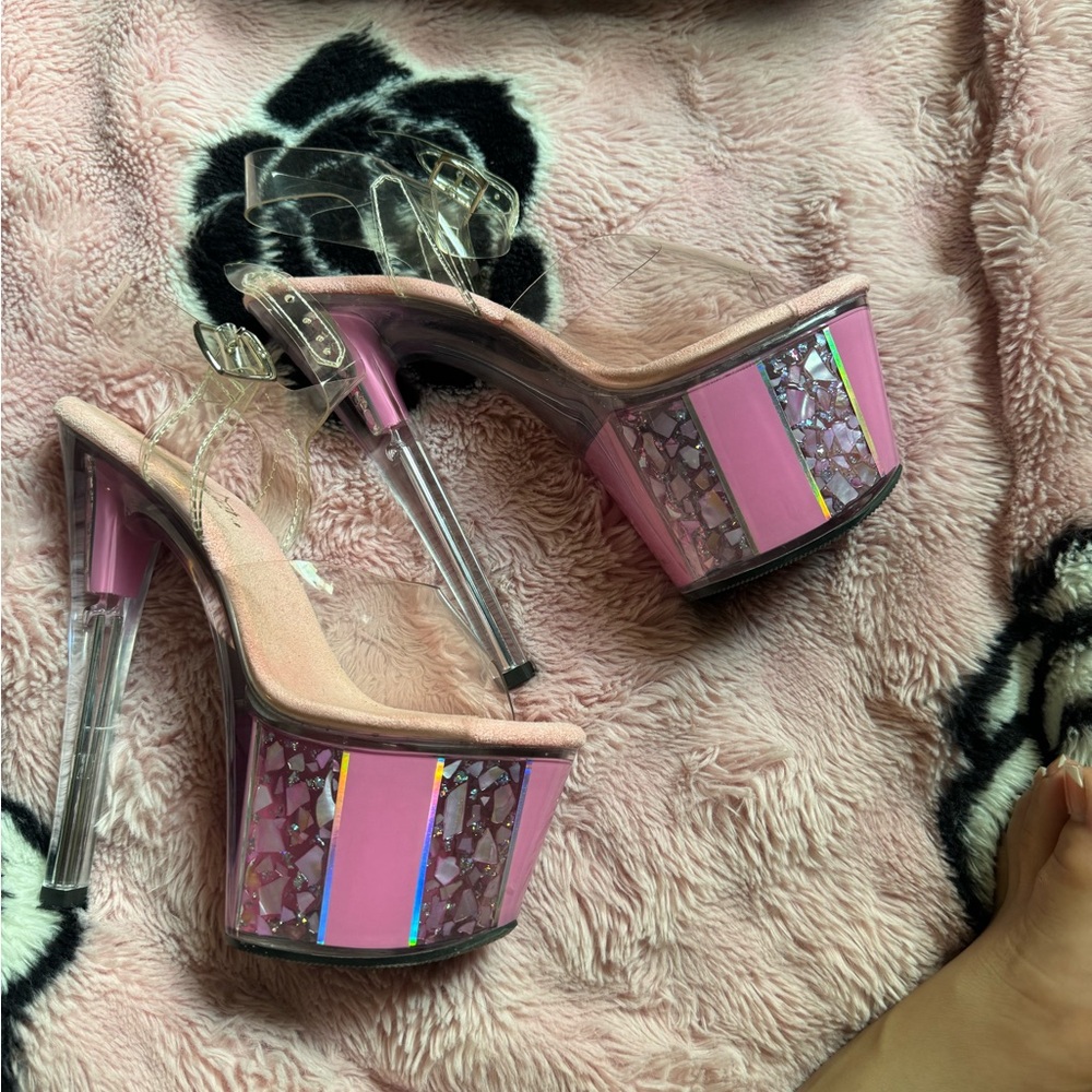 Pink Platform Heels with Clear Straps